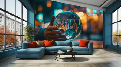 investor prediction, forecasting, stock market chart with candlestick in the crystal globe.  Wall mural